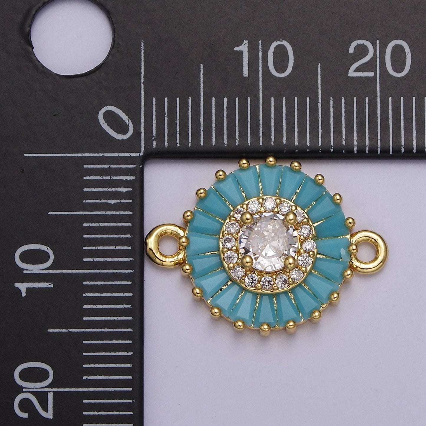 20.6x15.2mm 24k gold filled pave circle bracelet charm, baguette stone bracelet charm, two-hole round charm, pave sunburs link connector