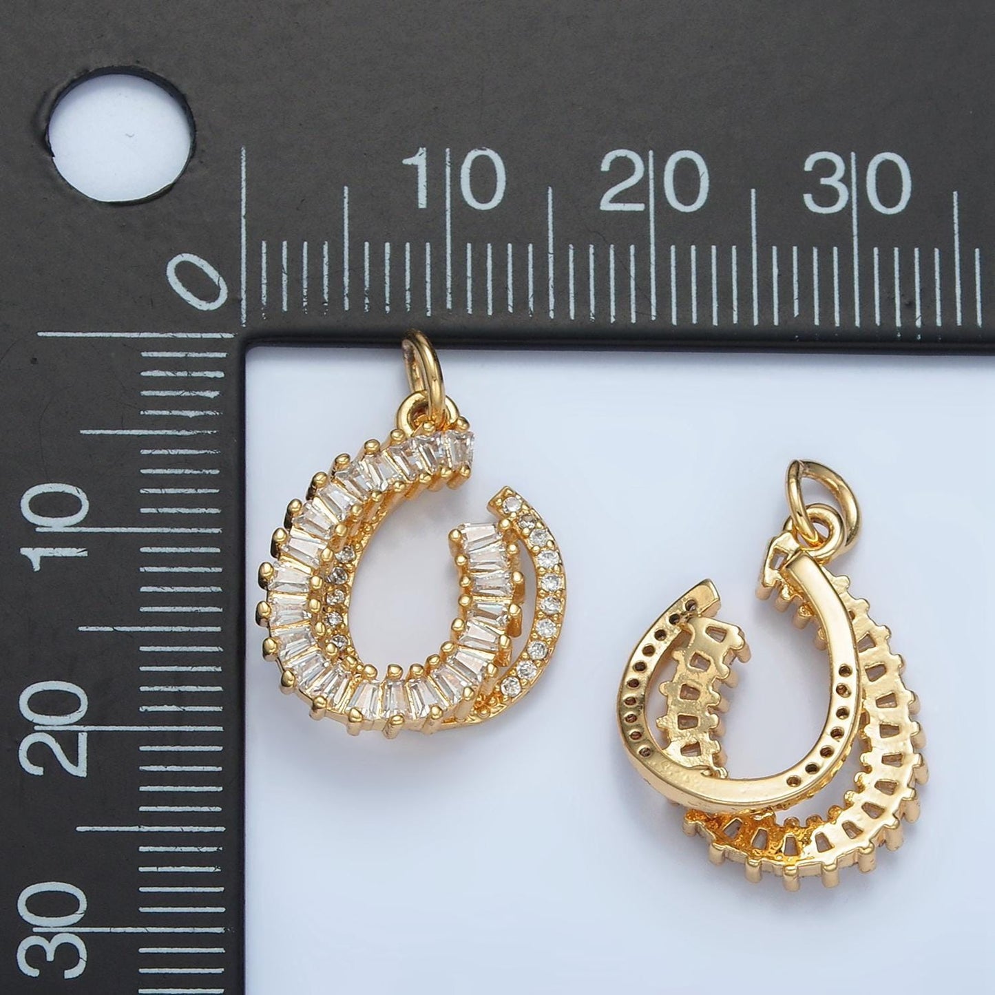 Double horseshoe baguette cz & micro paved cz, 24k gold filled charm | e-807