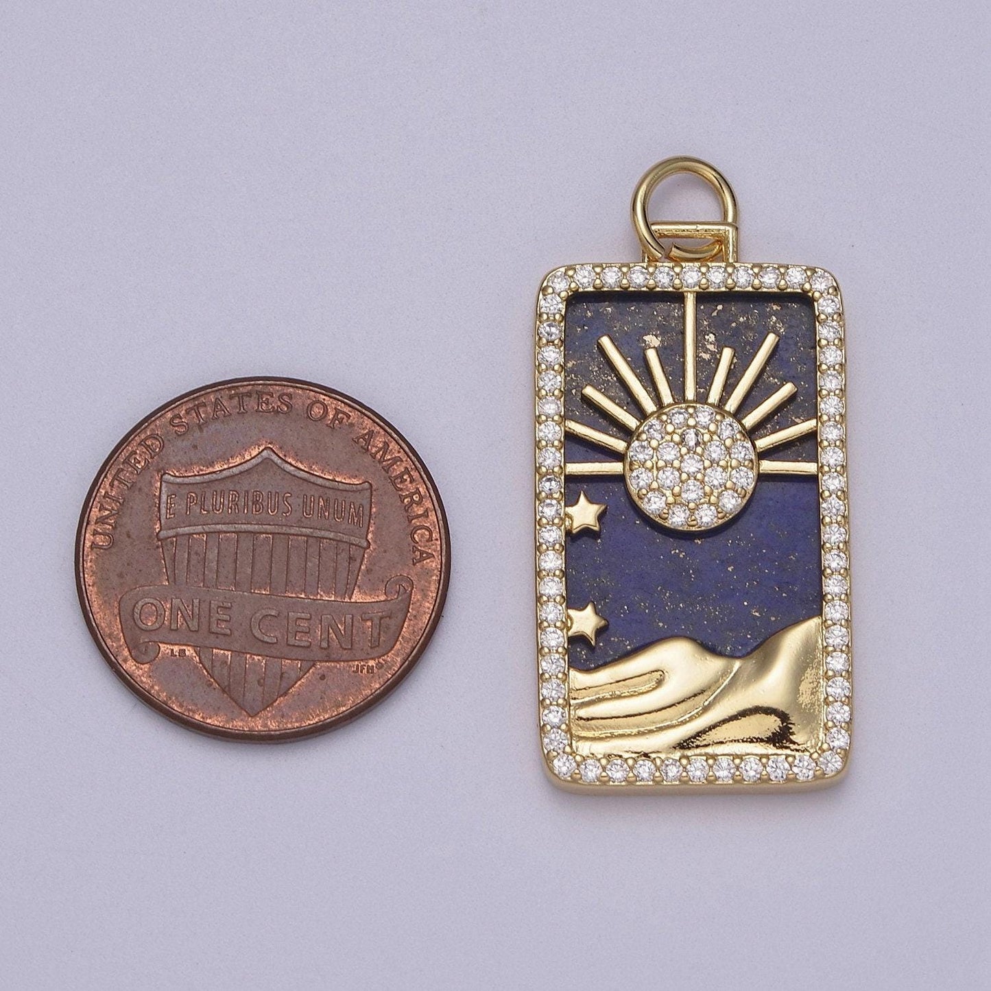 Pearl sun tag charm blue lapiz mountain gold filled charm clear cz tag medallion charm pendant e-424