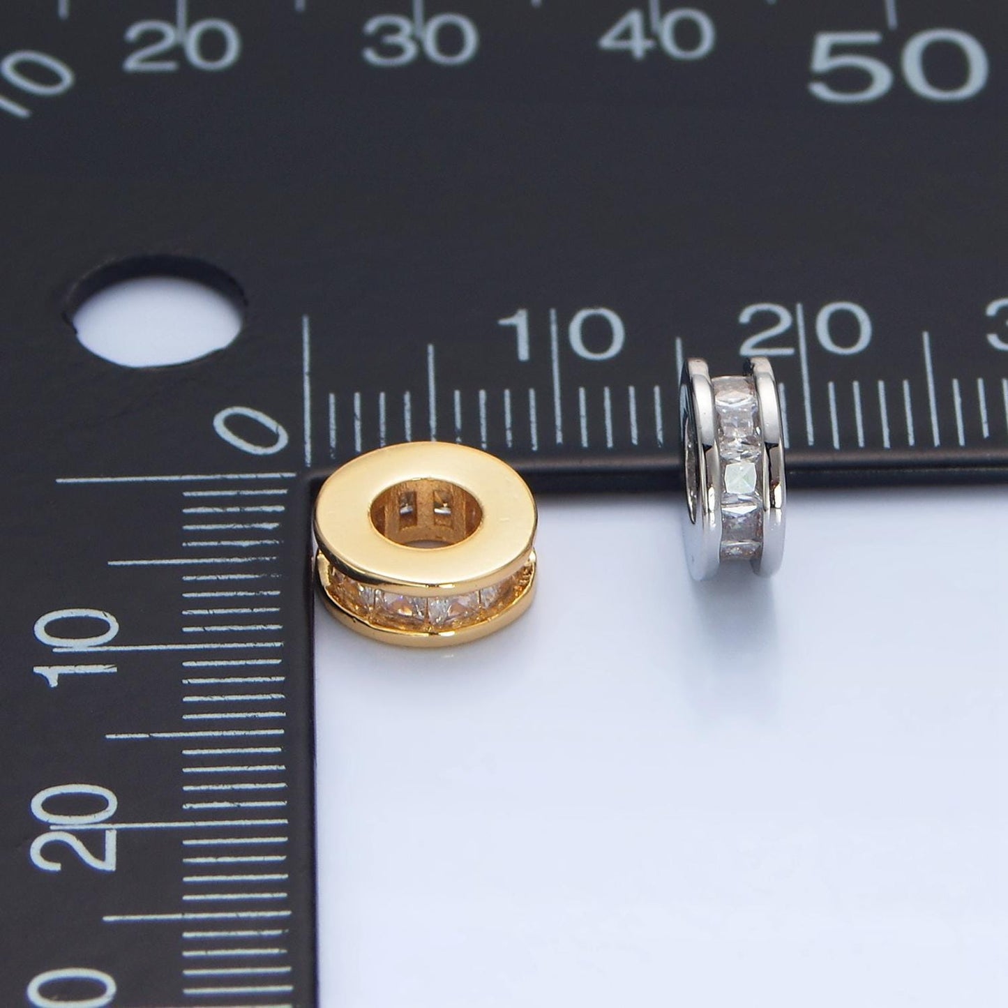 Round flat bead 8.6mm baguette cz gold filled bead in gold & silver | b-902