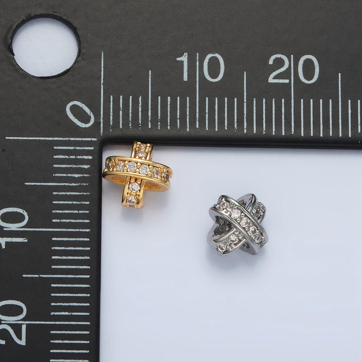 Gold filled cz paved double cross band bead in gold & silver | b-396