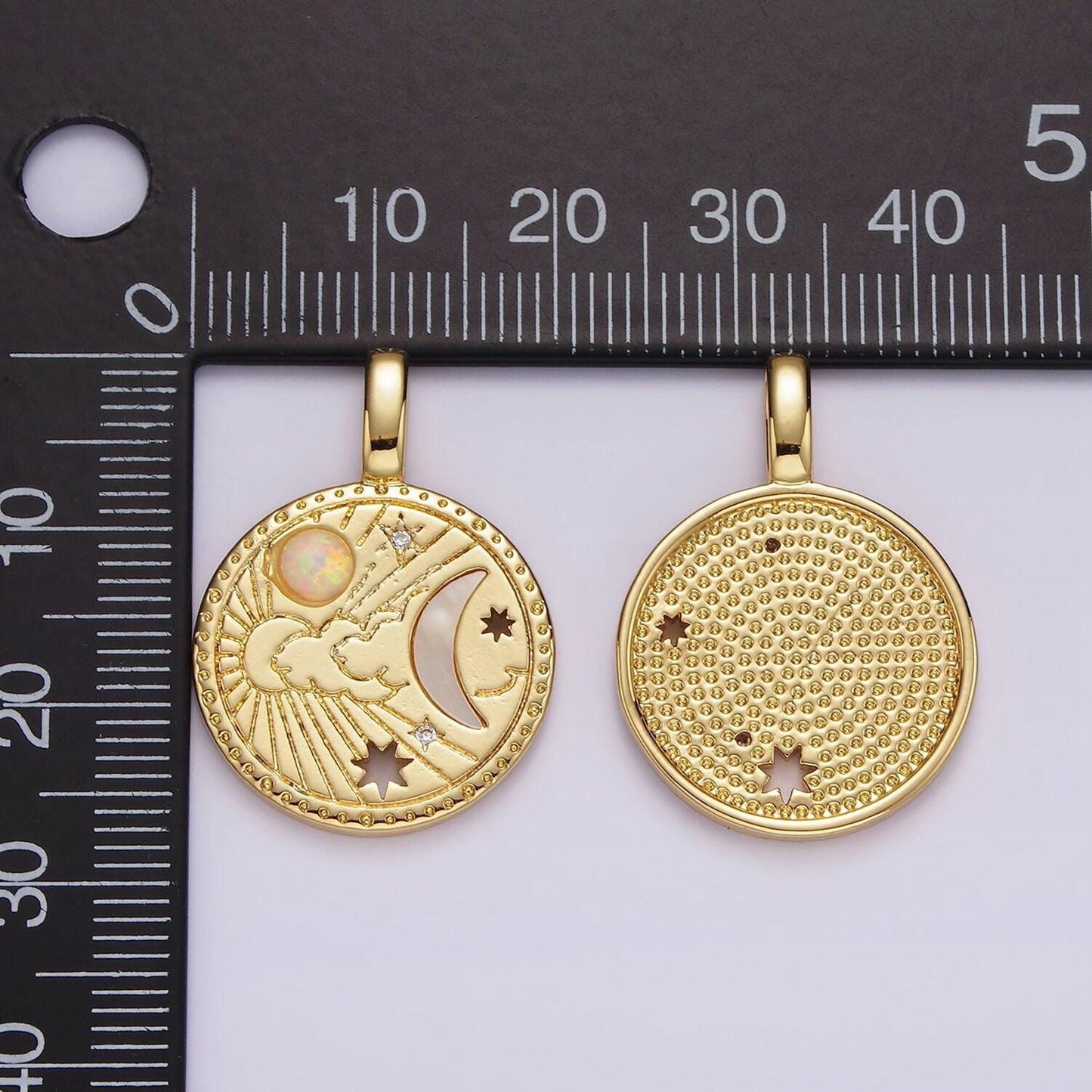 14k gold filled celestial sun shell pearl crescent moon cz open star white opal round charm | ah035