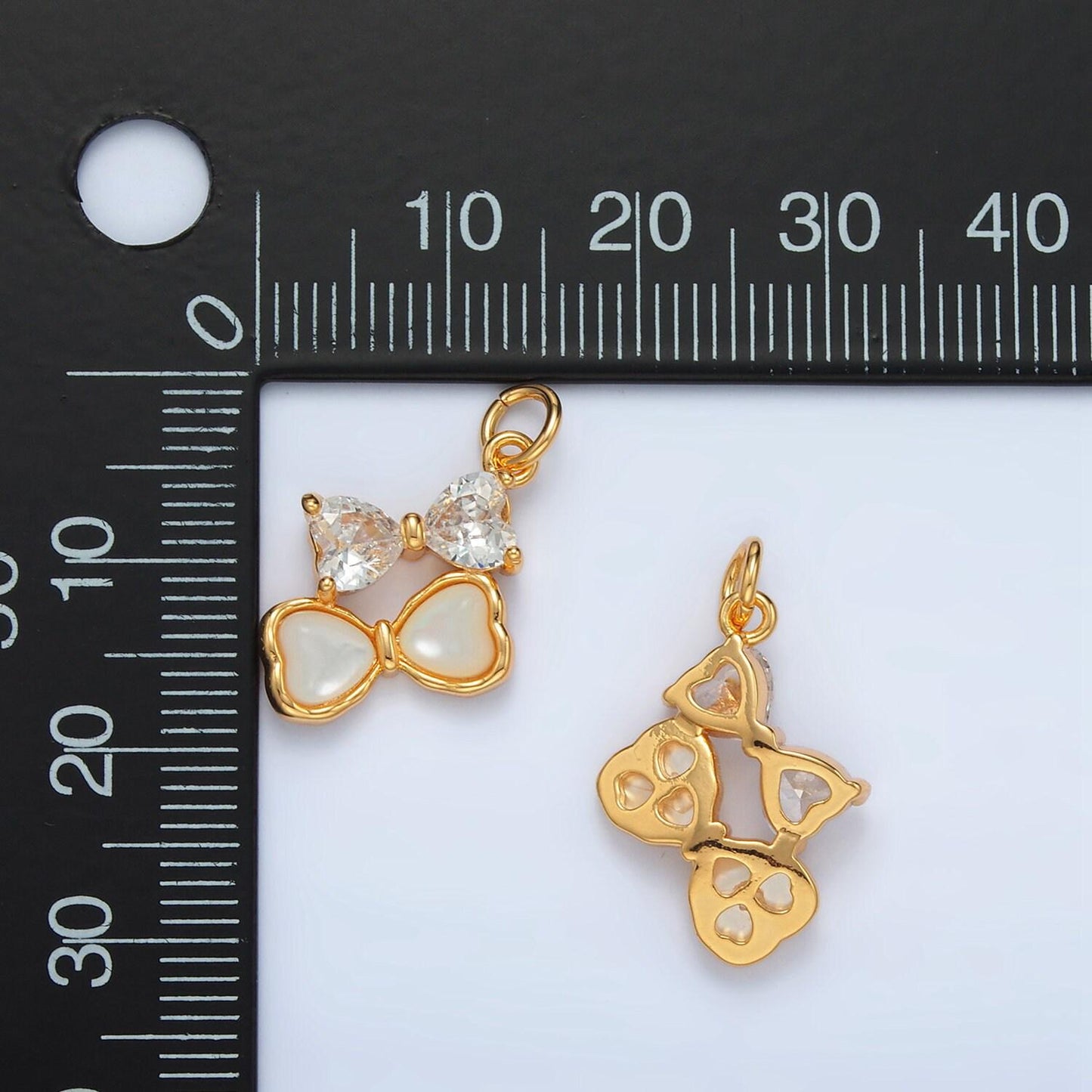 Gold filled double bow charm cz & shell pearl | ag-934