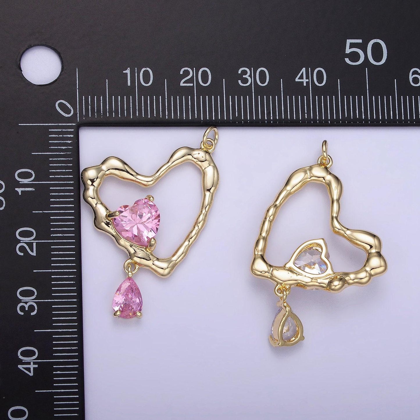 Rustic gold heart charm for necklace earring component open heart pendant with teardrop cz dangle charm minimalist jewelry supply ag-712