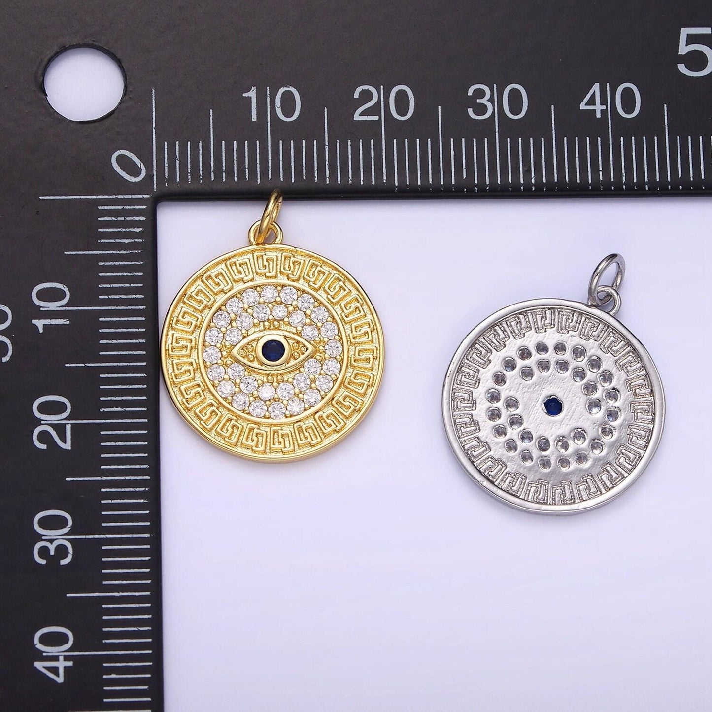 14k gold filled 23mm blue evil eye micro paved cz round charm in gold & silver | ag649