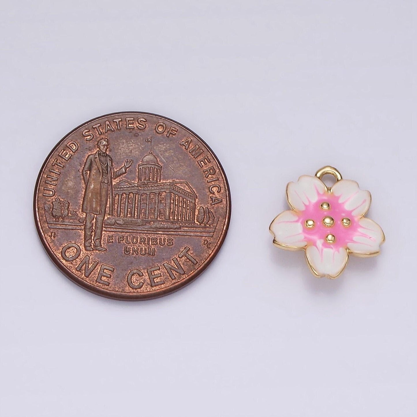 14k gold filled pink white dotted sakura flower petal puffed mini charm | ag611