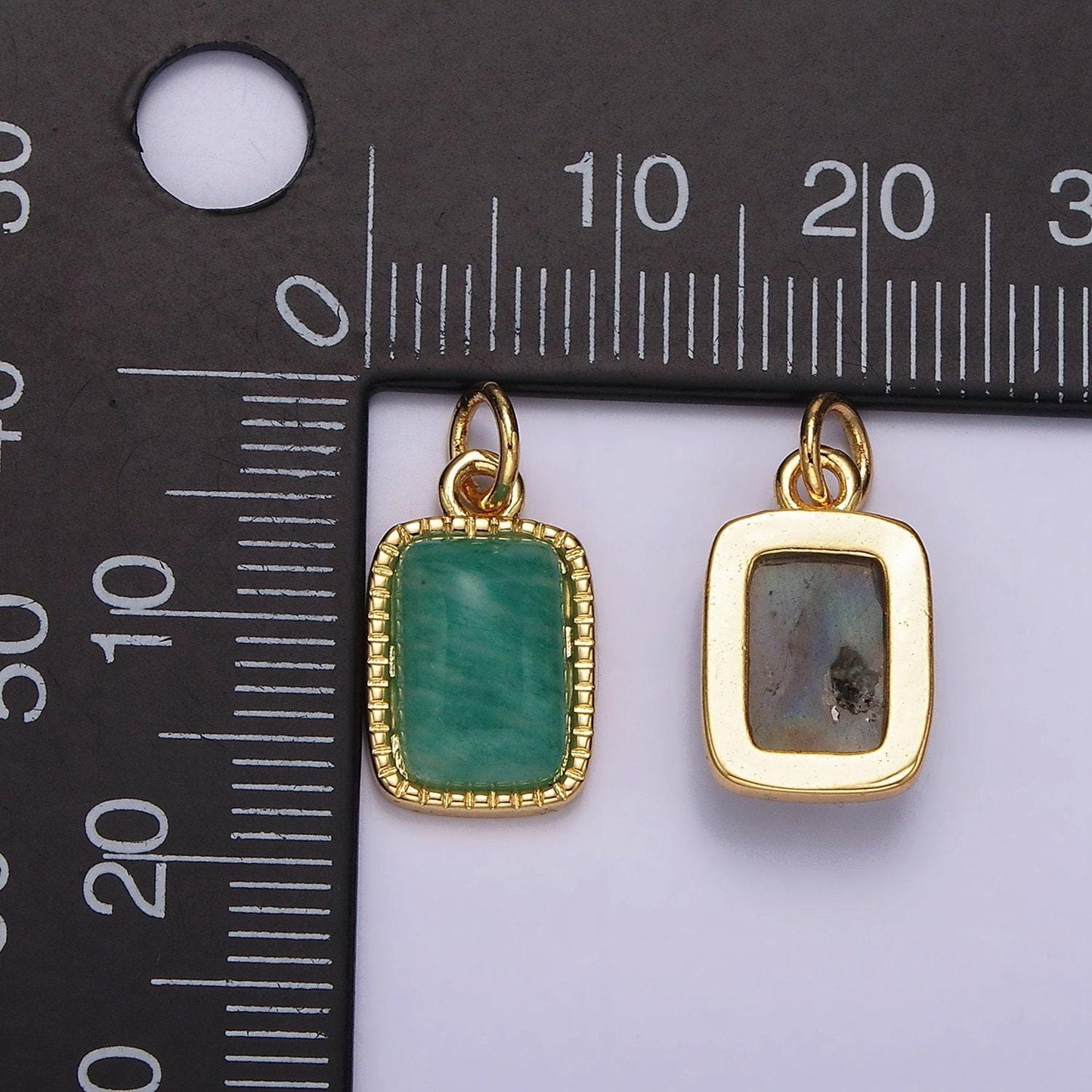 4k gold filled amazonite, moonstone, labradorite dotted bezel rectangular charm | ag537 - ag539