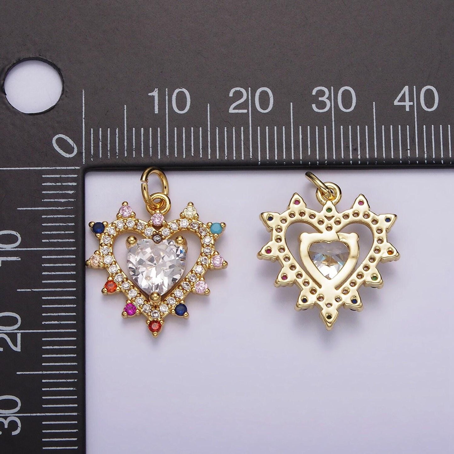 14k gold filled double heart micro paved multicolor cz dotted outline charm | ag523