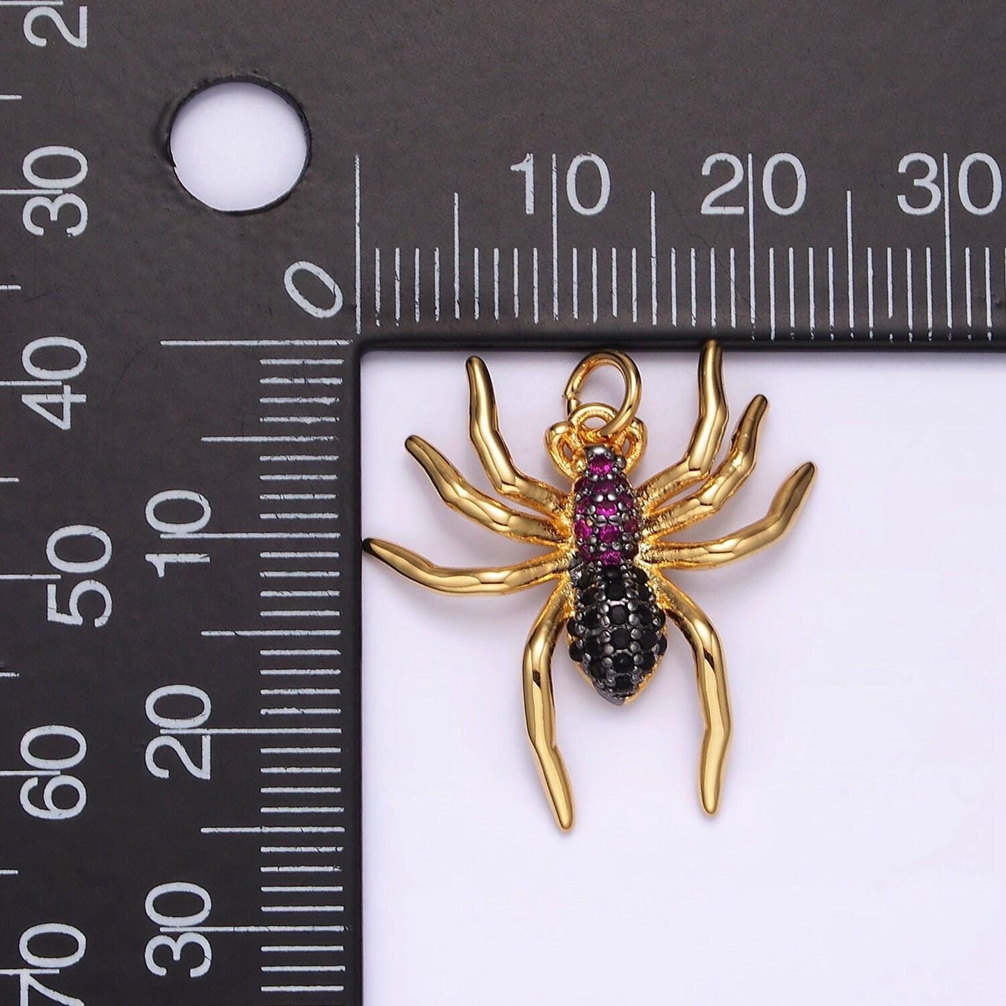 14k gold filled black widow spider insect animal fuchsia micro paved cz charm in black & gold for halloween jewelry inspired | ag383 ag384