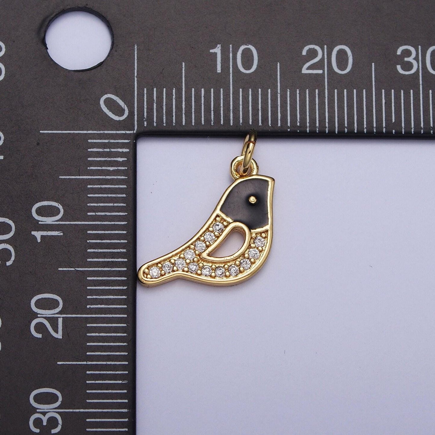 Dainty gold bird pendant, 24k gold plated sparrow warbler finches charm, clear micro pave cz black enamel animal pendant | ag115