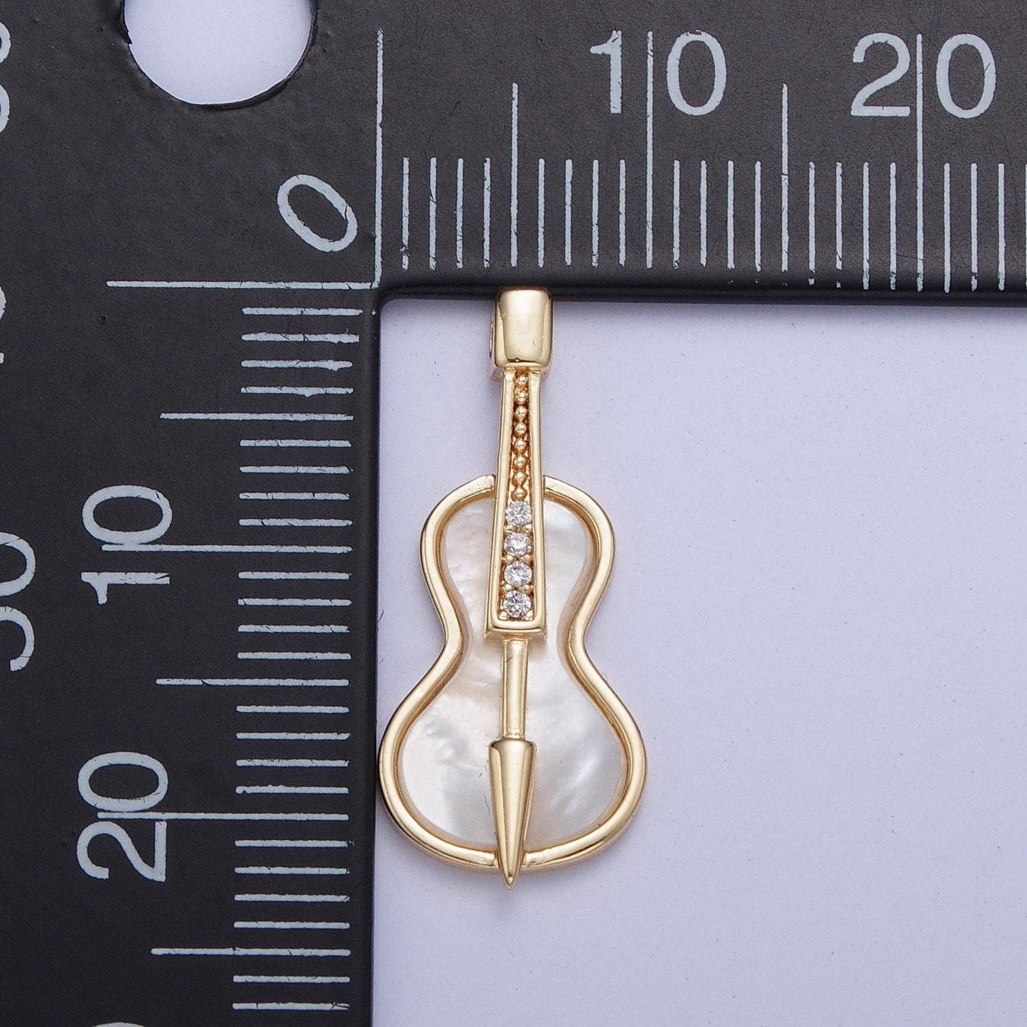 14k gold plated dainty instrument guitar pendant on pearl, micro cz pave cream pearl guitar charm | ag-076
