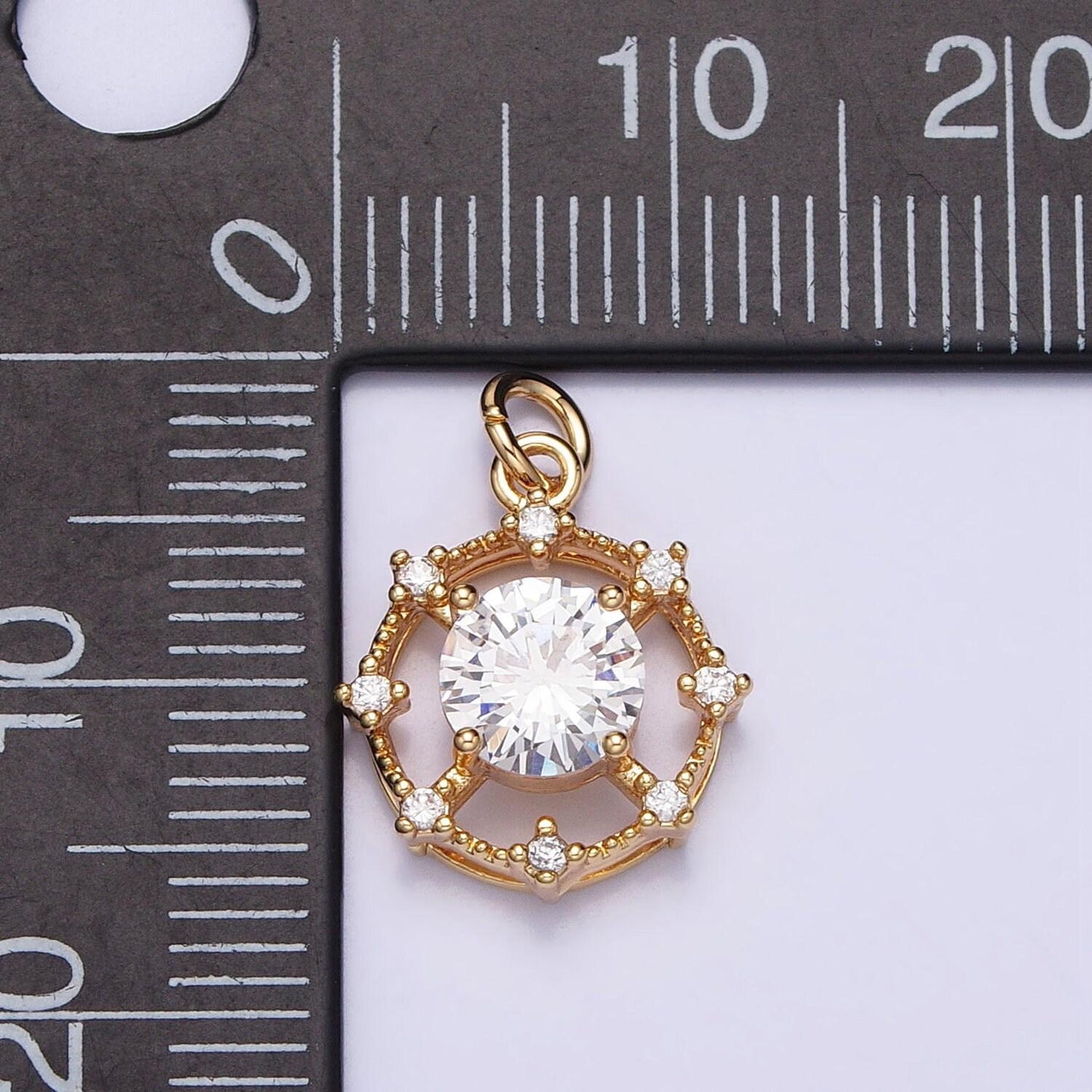 Gold, silver round solitaire clear cz stone wheel sun celestial geometric add-on charm | ac693 ac694