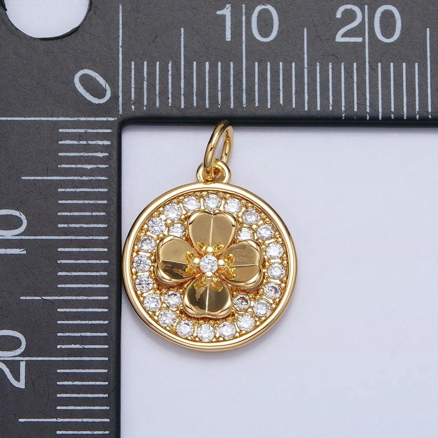 Cubic lucky charm gold, silver clover quatrefoil micro paved cz round coin charm | ac607 ac608