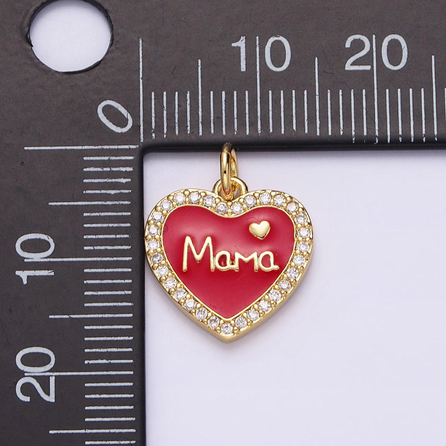 14k gold filled red, white enamel "mama" script micro paved cz heart charm | ac1373 ac1374