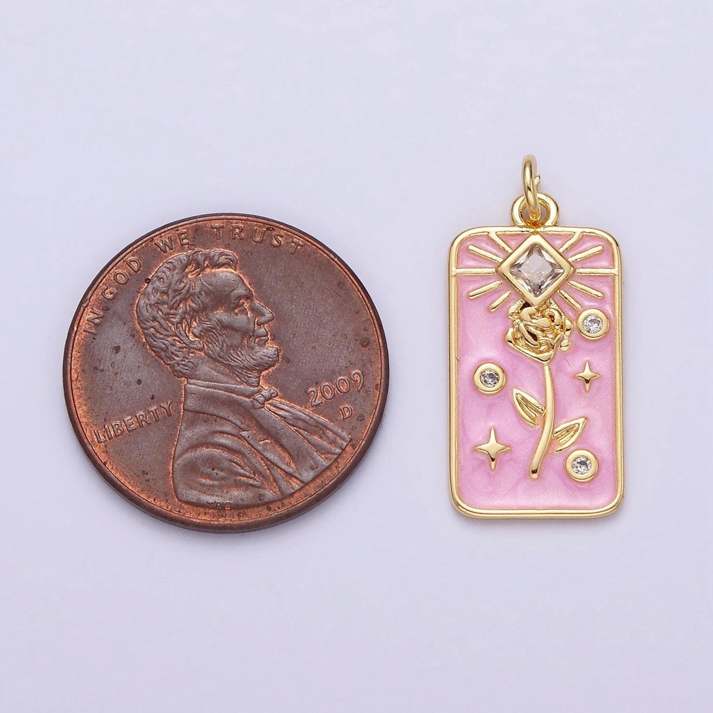 16k gold filled rose flower clear rhombus white, pink, blue sparkly enamel tag charm | ac1362 - ac1367
