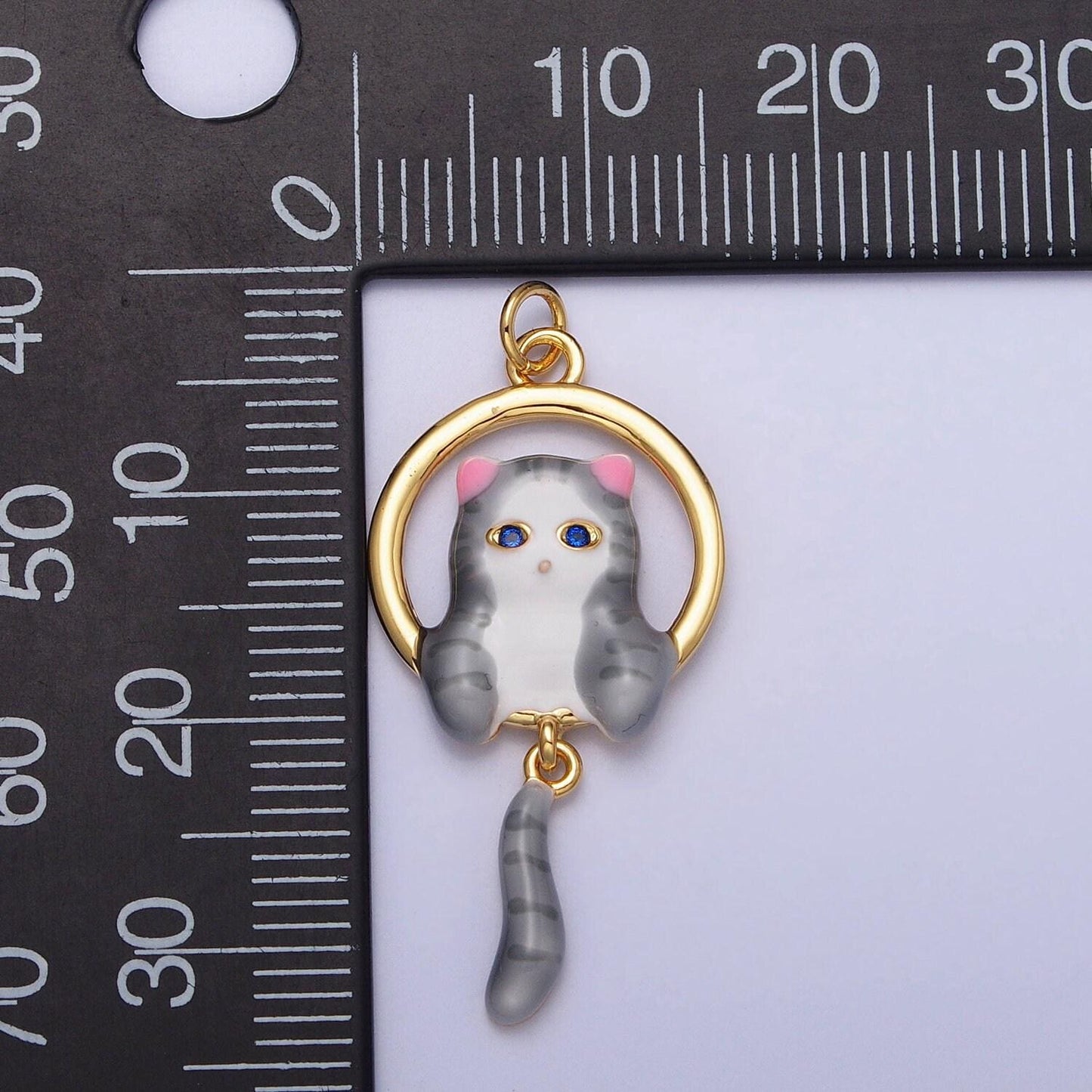 16k gold filled white, grey striped kitty cat tail dangle round open animal pet charm in gold & silver | ac1276 - ac1279