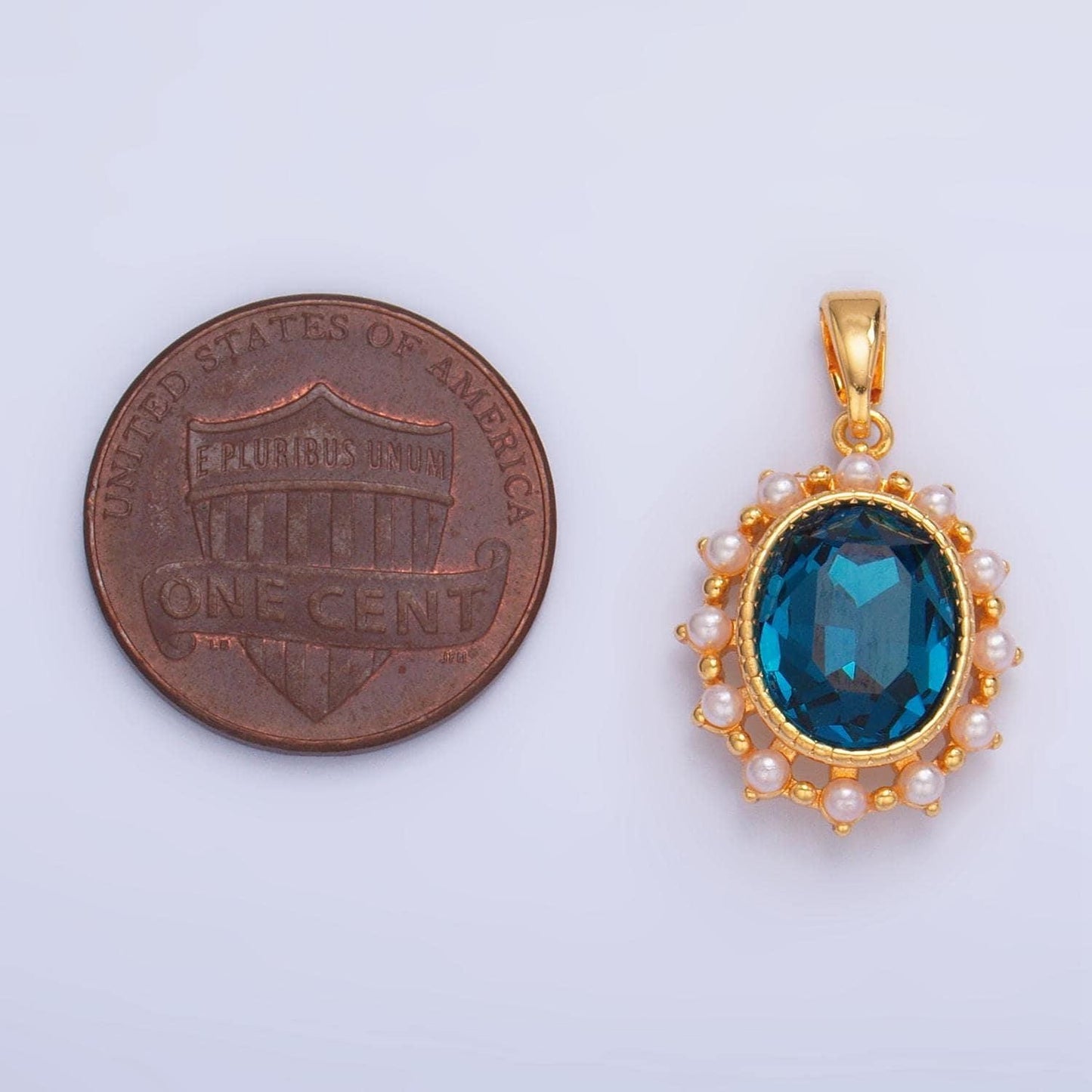 Blue cz oval shaped bezel shell pearl 24k gold filled pendant | aa-1014