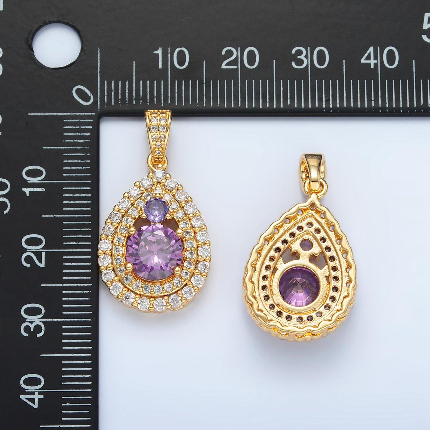 Micro paved cz teardrop purple cz , 24k gold filled pendant | aa-890