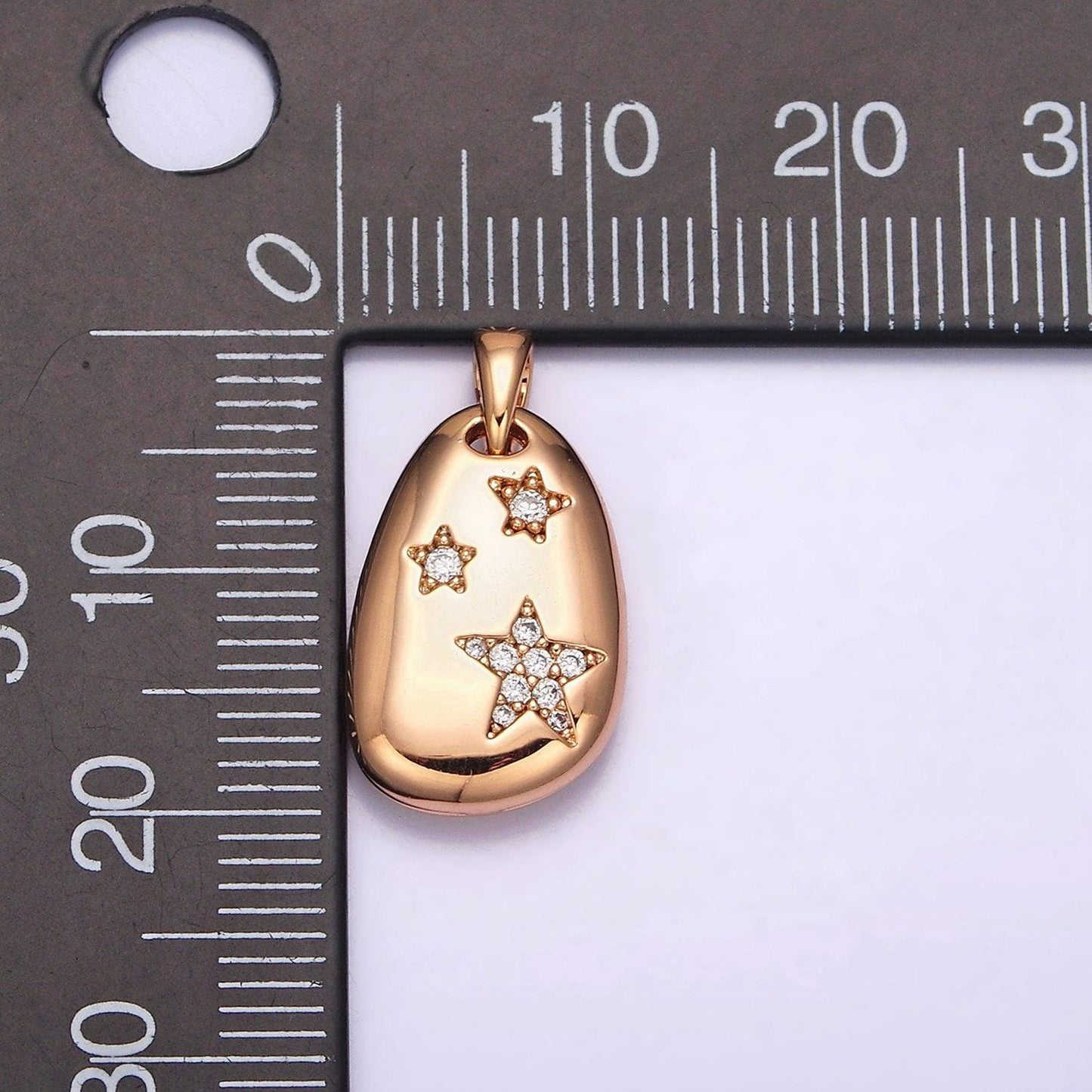 18k gold filled triple star micro paved cz double sided open moon celestial abstract oval pendant pinky gold charm | aa764