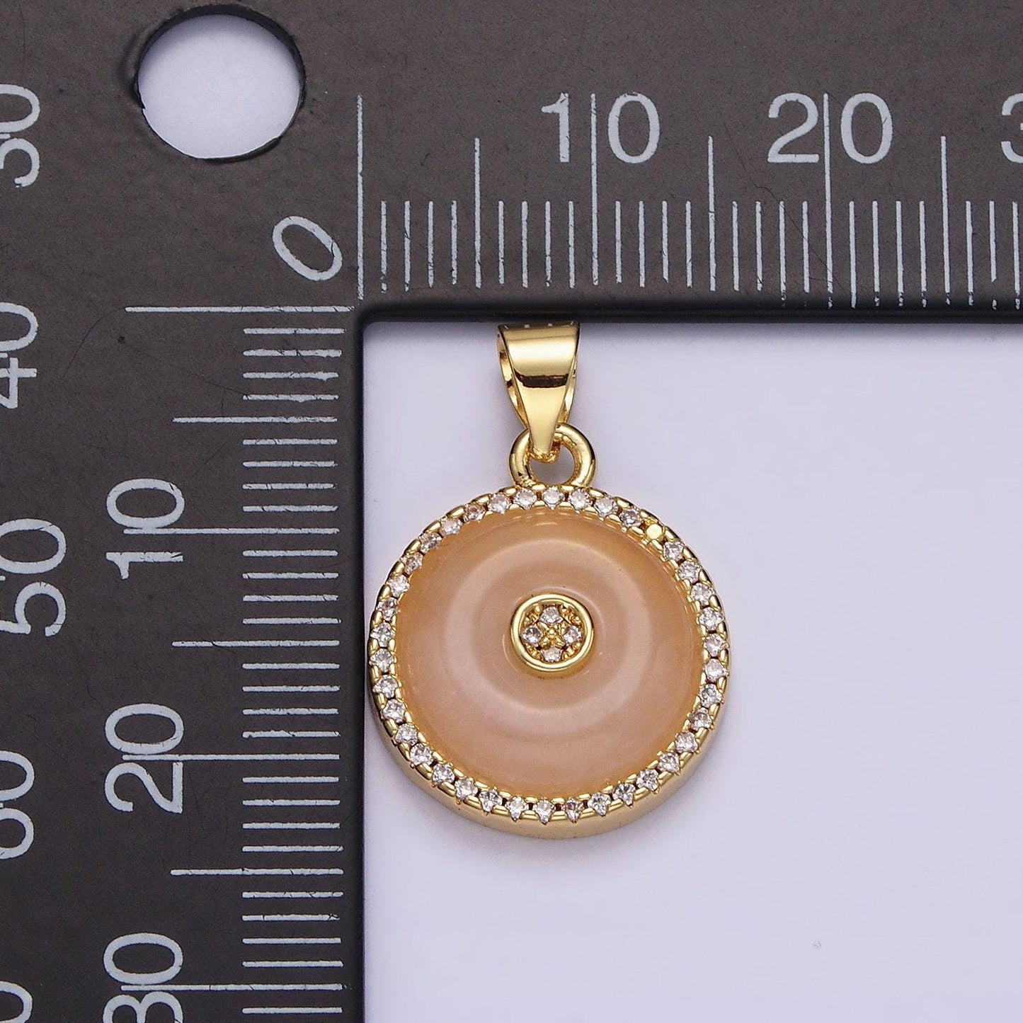 14k gold filled orange cat's eye, white howlite donut natural gemstone micro paved cz round pendant | aa662 aa663
