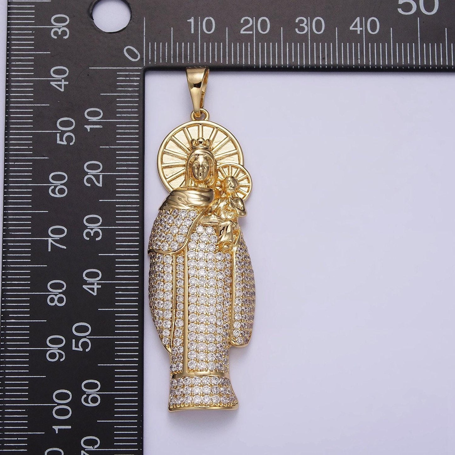 14k gold filled 65mm double sunburst lady guadalupe clear micro paved pendant | aa648