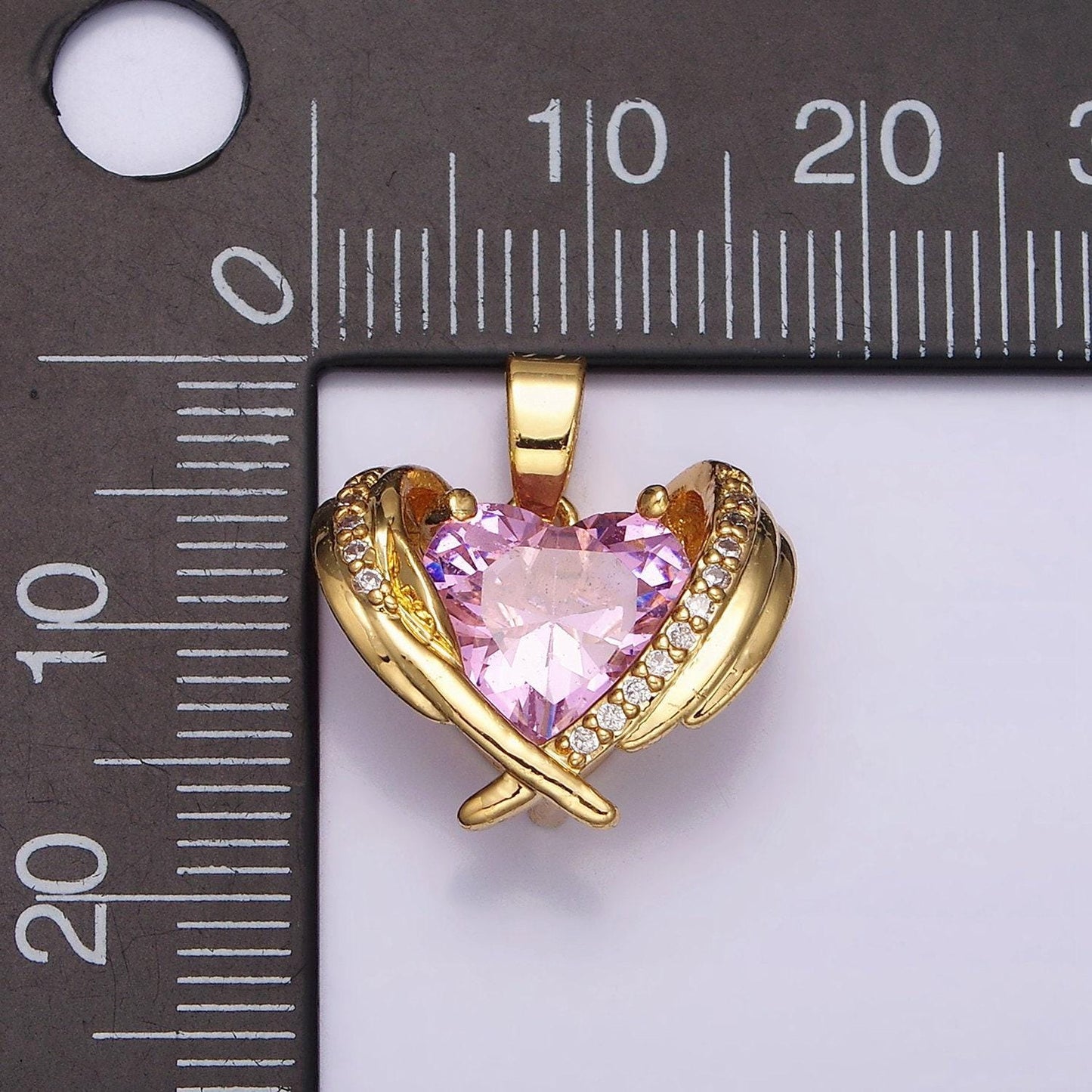 16k gold filled pink cz heart micro paved wings pendant | aa485
