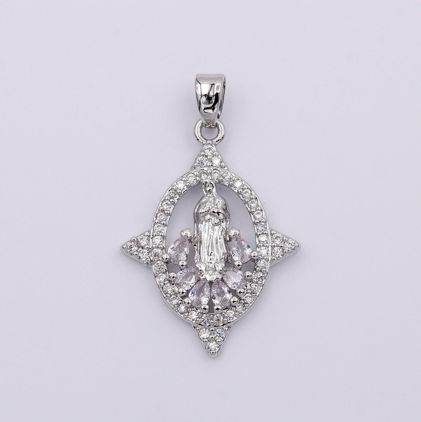 16k gold filled virgin mary lady guadalupe multiple teardrop cz micro paved spiked open oval pendant | aa482