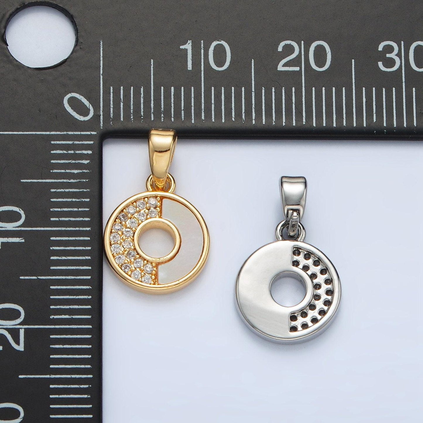 Mini 24k gold filled paved clear cz and shell pearl on round open charm in gold & silver | aa1520