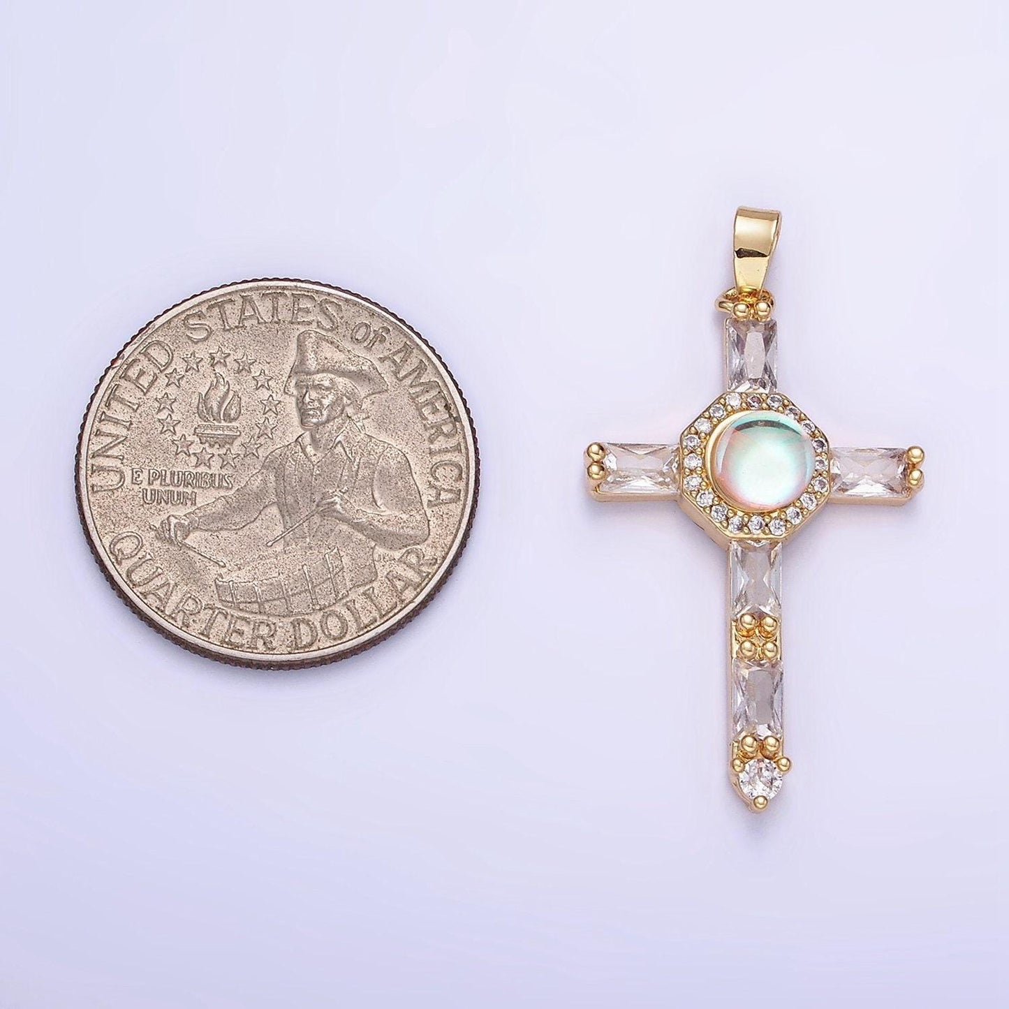 14k gold filled moonstone micro paved baguette lined cross pendant for religious jewelry making supply | aa-1178