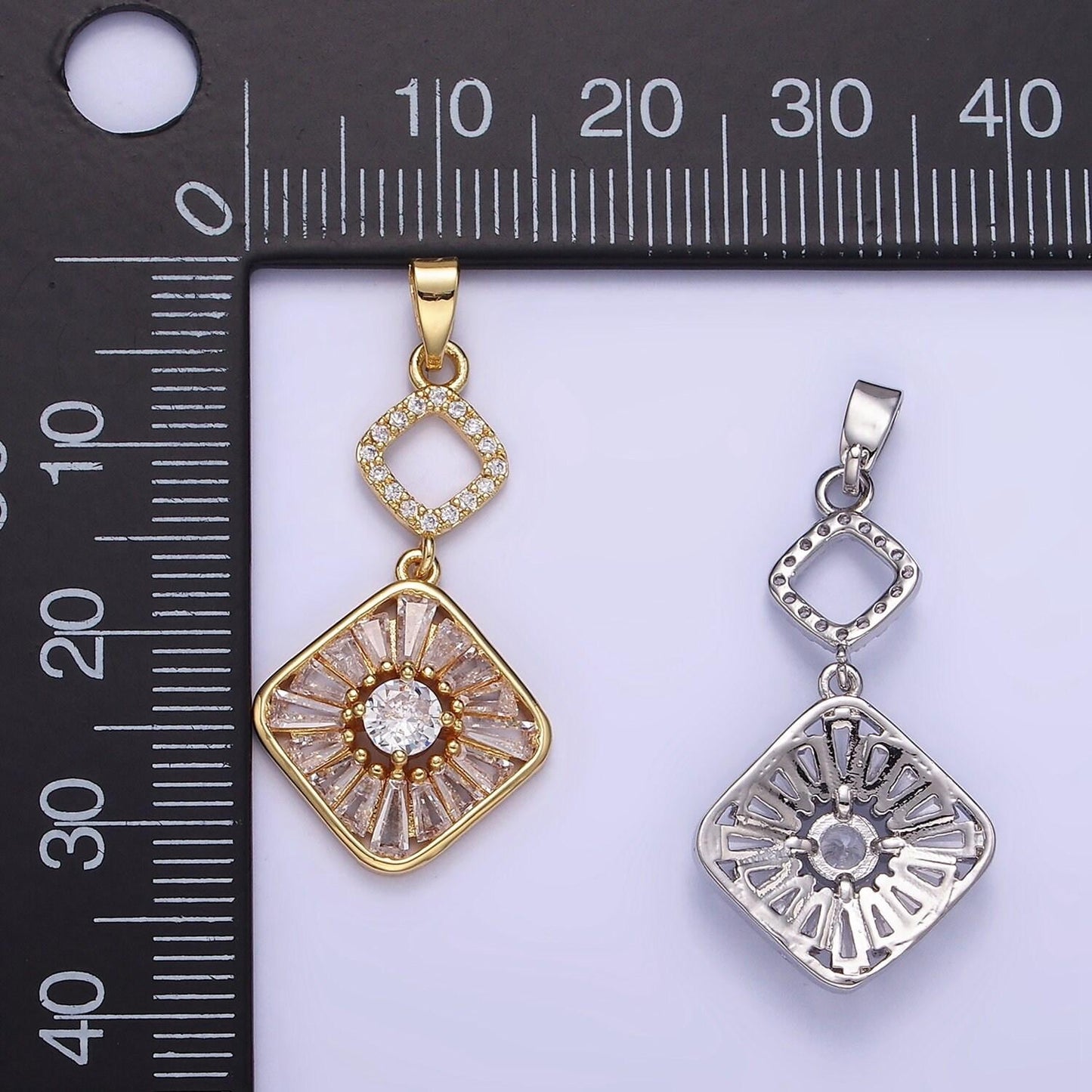 14k gold filled baguette open rhombus double drop pendant in gold & silver | aa-1160