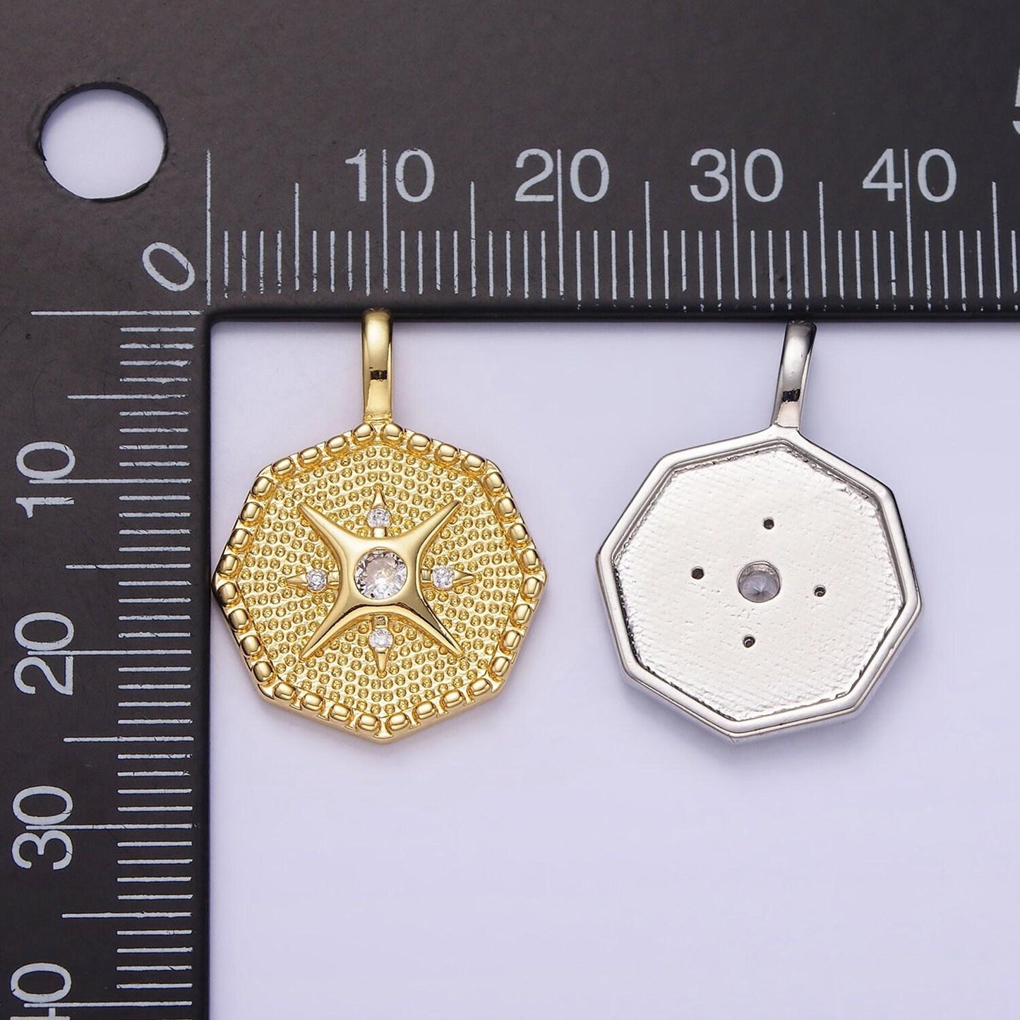 14k gold filled 25mm compass cz dotted hexagonal pendant in gold & silver | aa1151