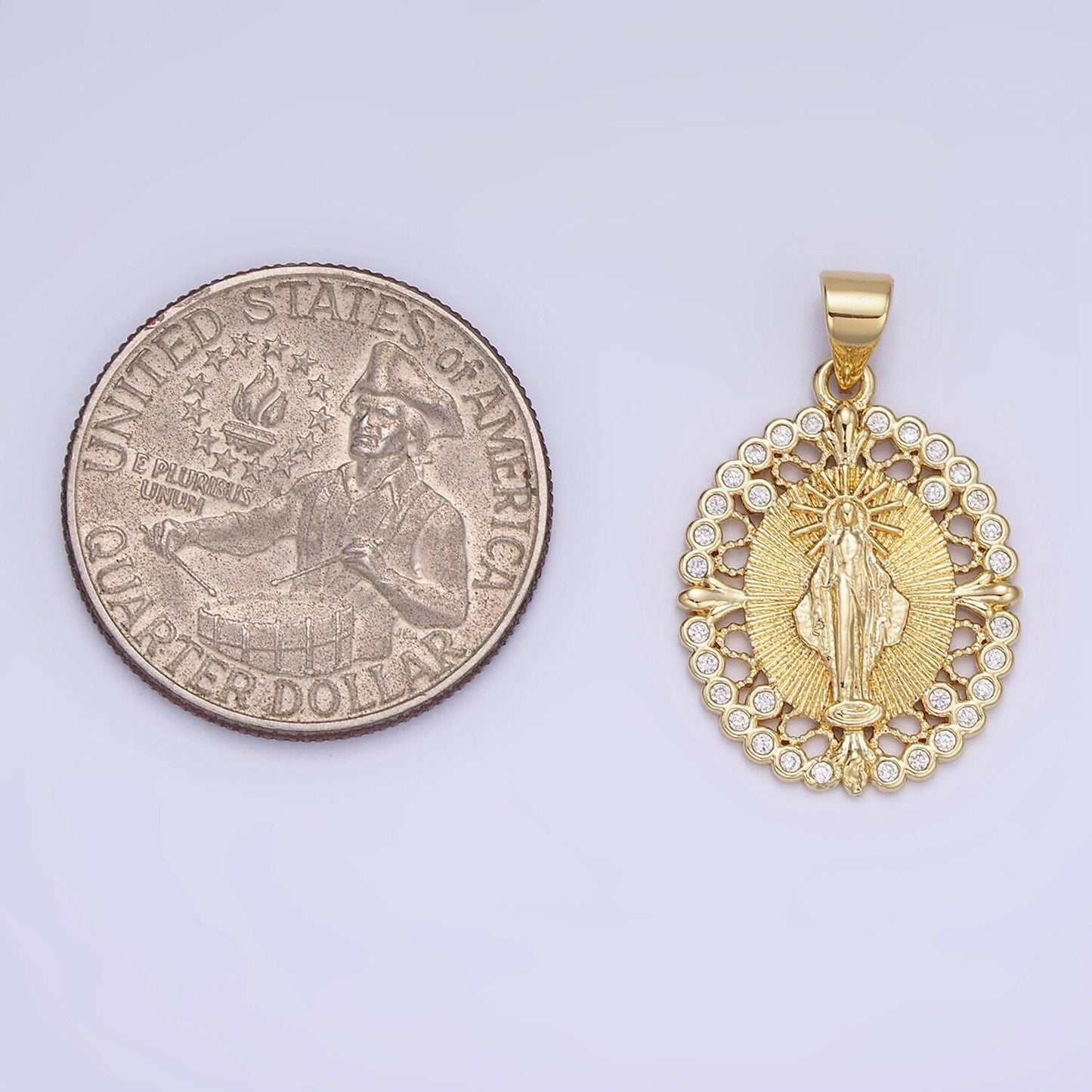 14k gold filled holy mary arms open cz pendant | aa-1129