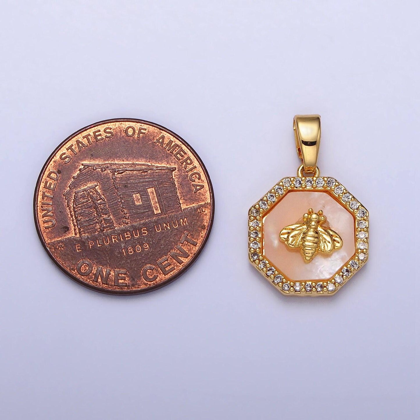 Gold bee charm pink shell pearl octagon pendant geometric animal insect jewelry | aa106