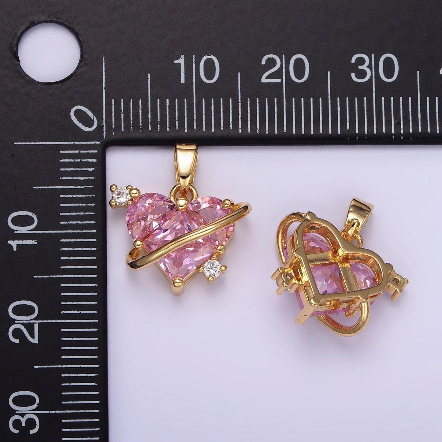 14k gold filled mini pink heart cz stone pendant, add on heart charm crystal cz stone for necklace bracelet supply | aa060