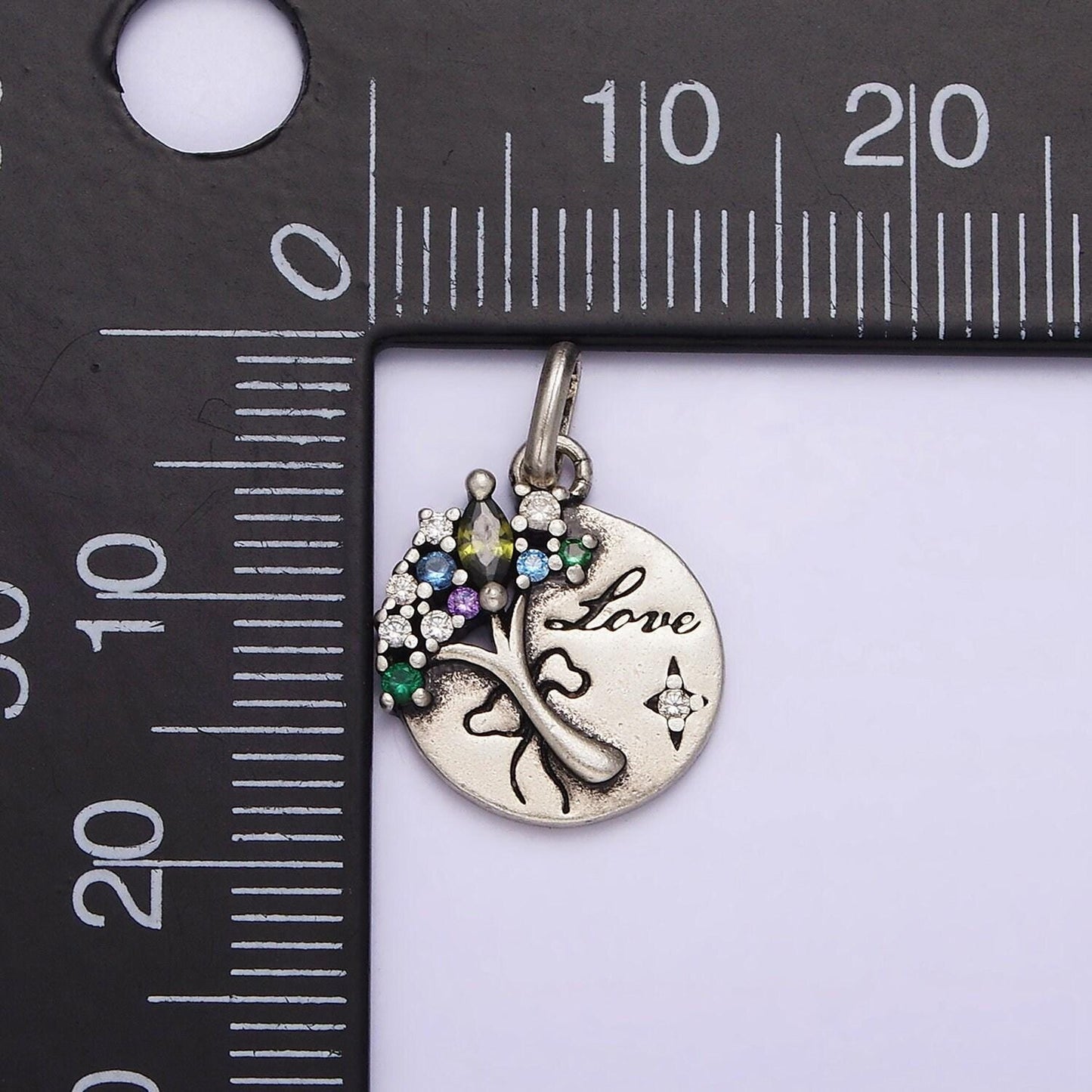 Dainty coin charm with multi color cz bouquet flower in 925 sterling silver pendant sl-320
