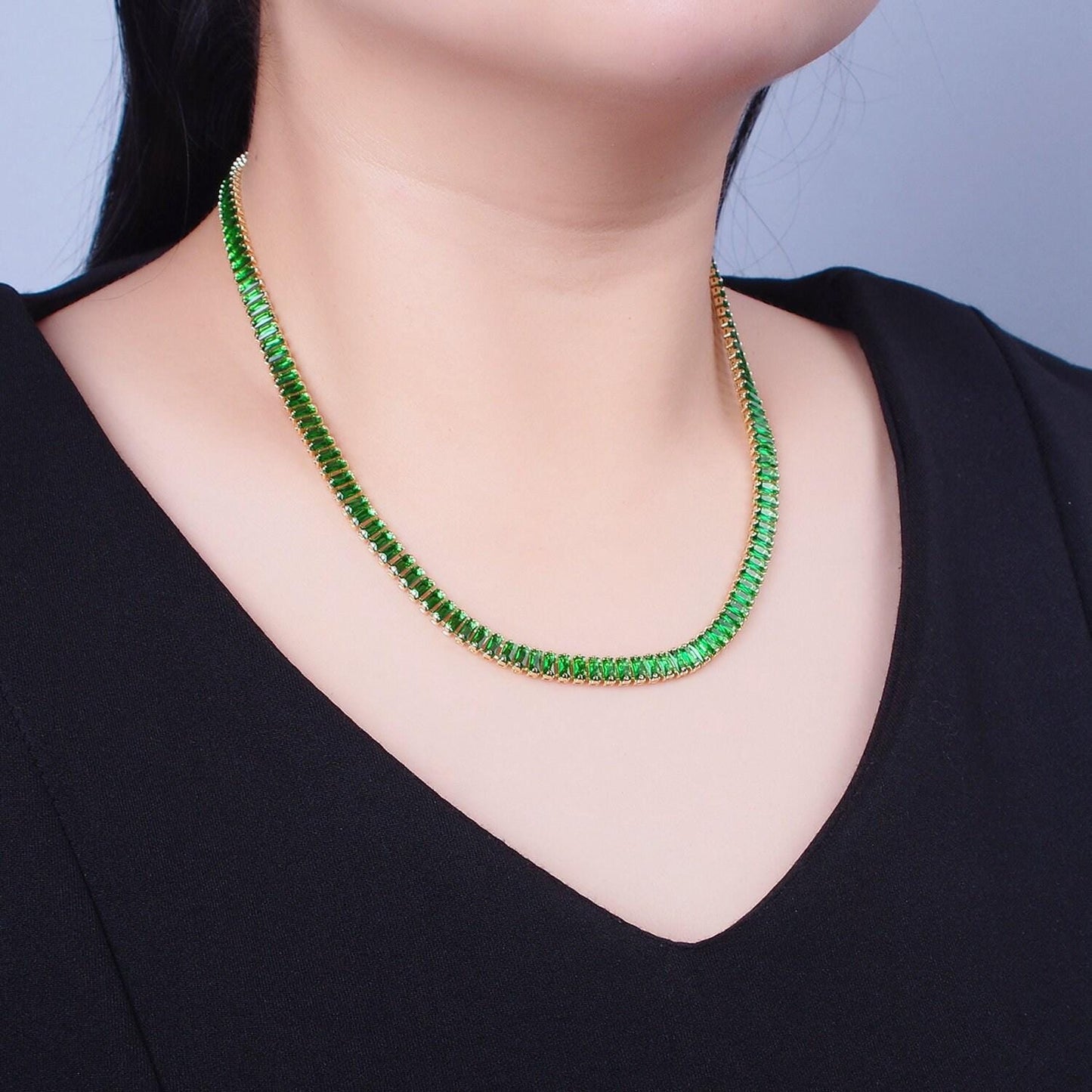 24k gold filled 15.7 inch baguette tennis chain with 2 inch extender, cubic zirconia cz choker necklace, wa-938