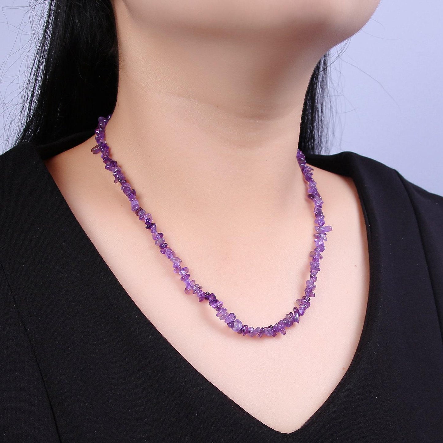 Purple amethyst beaded necklace - 18" chip necklace healing crystals, gemstone necklace, handmade jewelry, crystal necklace wa-639