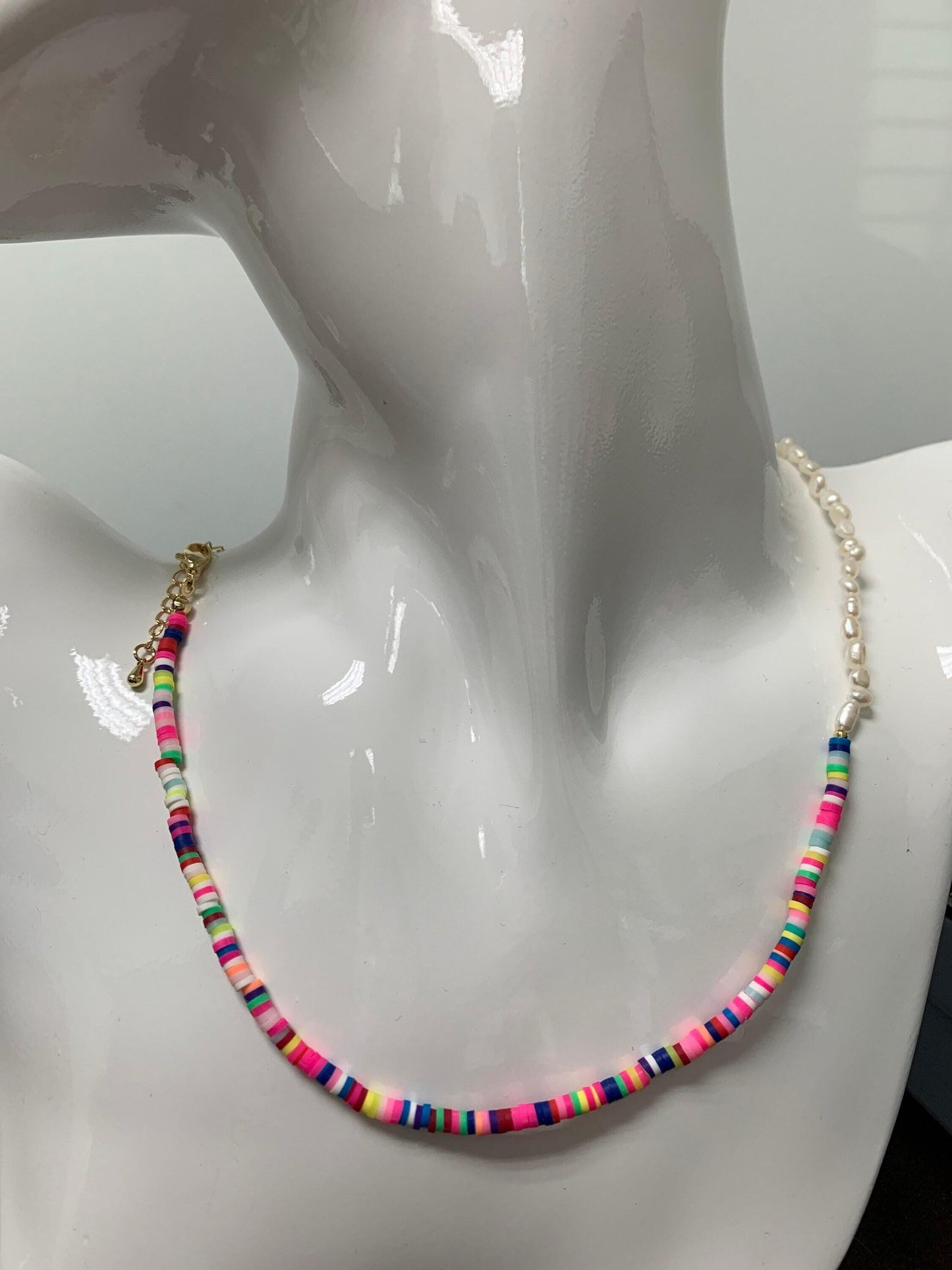 Pearl necklace and rainbow polymer clay beaded necklace y2k jewelry 90s trend inspired 17 inch + 2 inch extender handmade necklace, wa-284