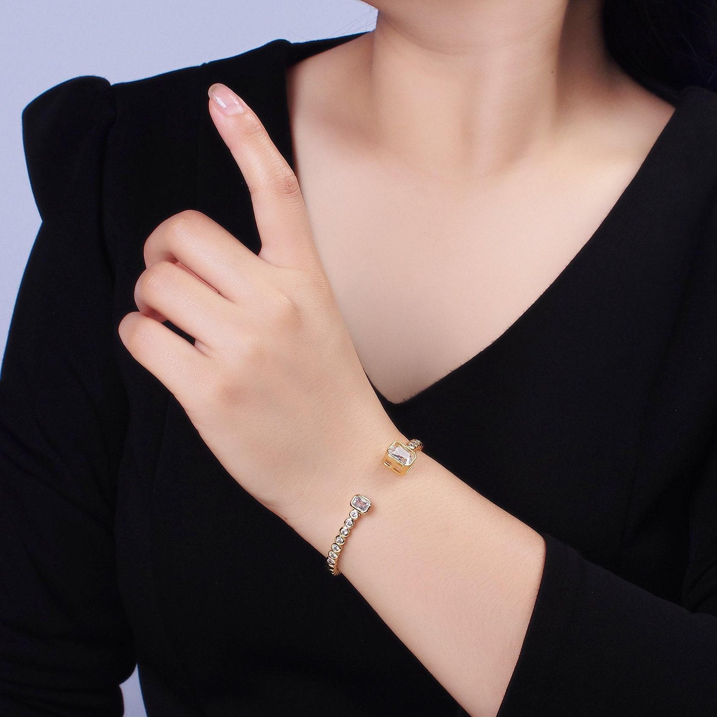 14k gold filled clear baguette round cz lined cuff bracelet in silver & gold | wa-2093 wa-2094