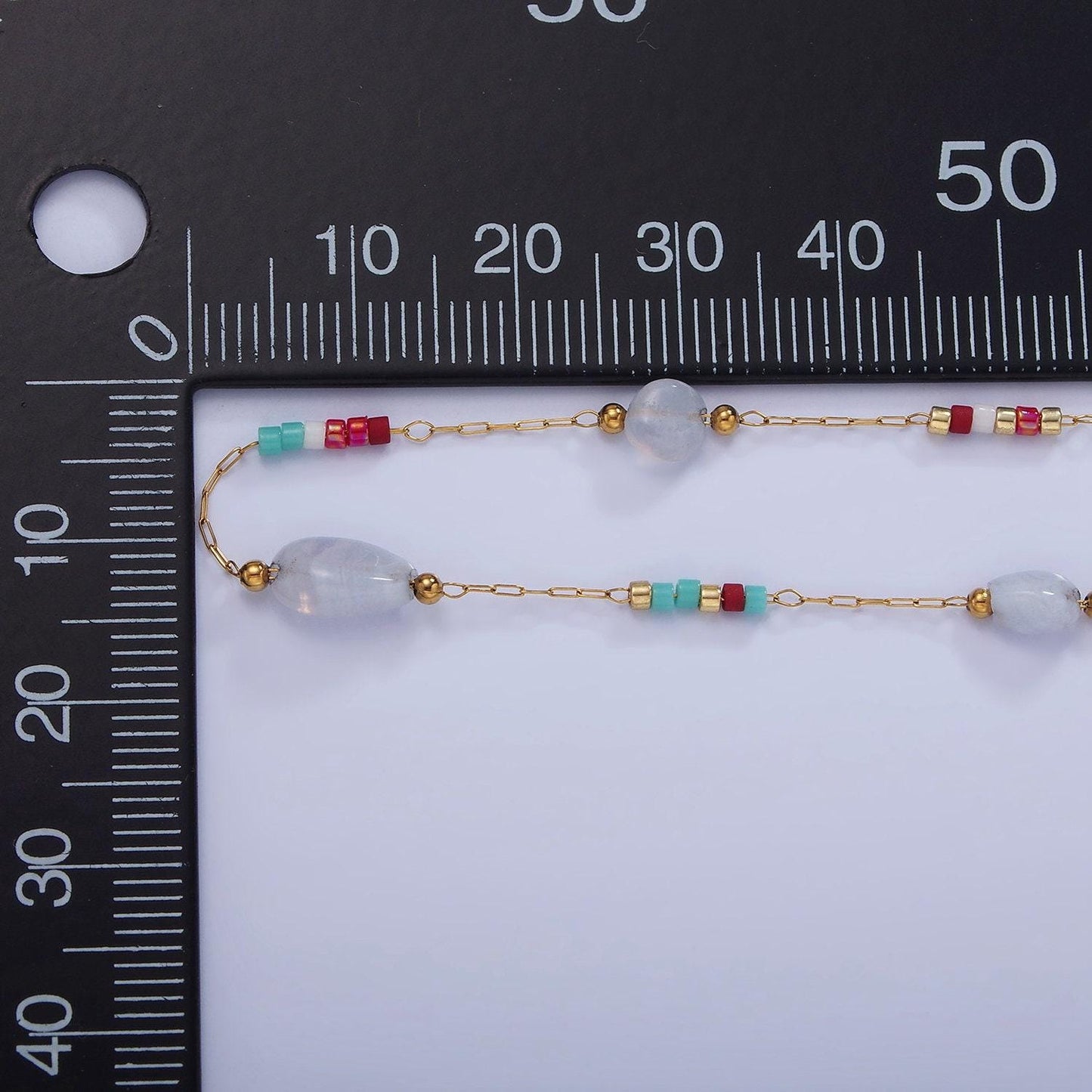 Dainty rosary chain with natural gemstone beaded by yard stainless steel in gold | roll-1498 1503