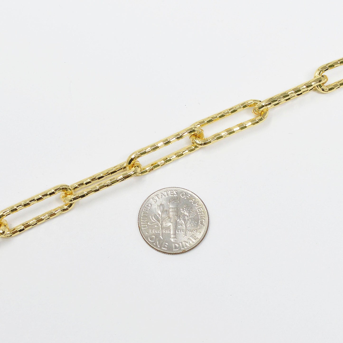 Woven embosed 24k gold plated rolo cable paperclip chain by yard, link cable bold elongate chain, fancy wholesale bulk roll chain, 425