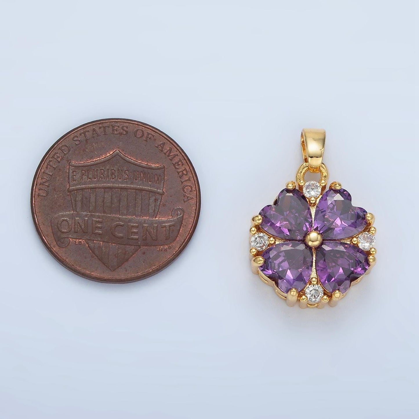 Purple heart cz petal clover, 24k gold filled floral charm | aa-889