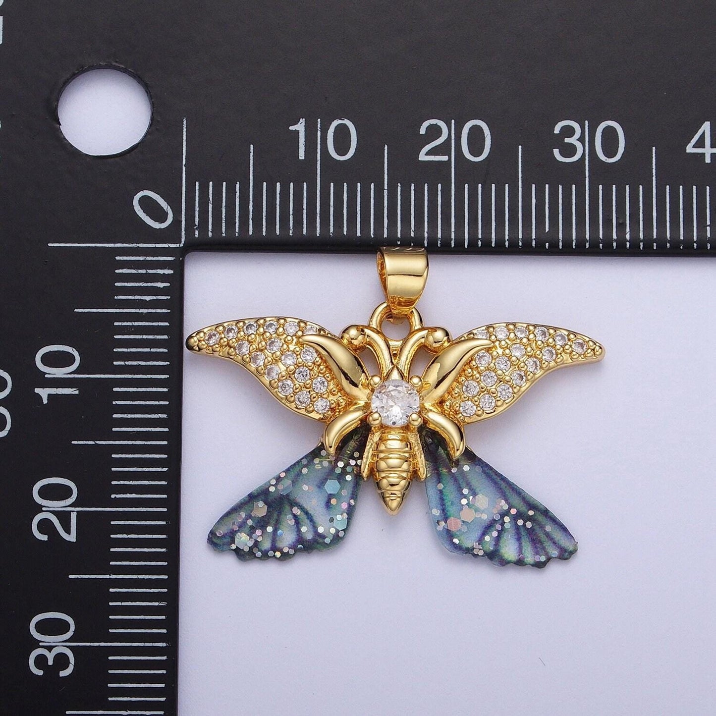 Gold cz blue & fuchsia butterfly insect pendant, 24k gold plated micro paved marquise cz resin beautiful sparkly butterfly charm | h-641