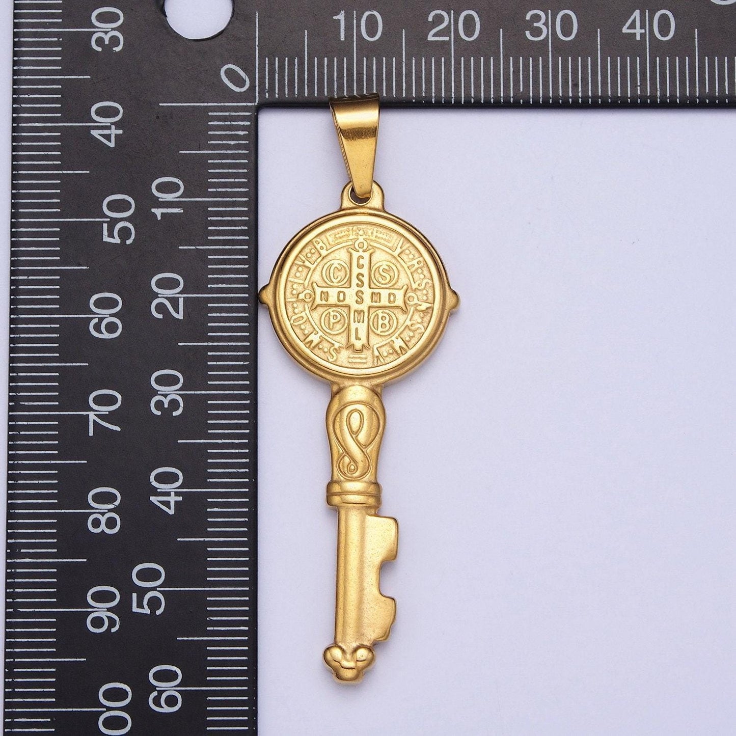 Double-sided gold st. benedict key pendant, 24k gold filled stainless steel embossed 60.0mm x 20.4mm san benito simple key charm | x-648