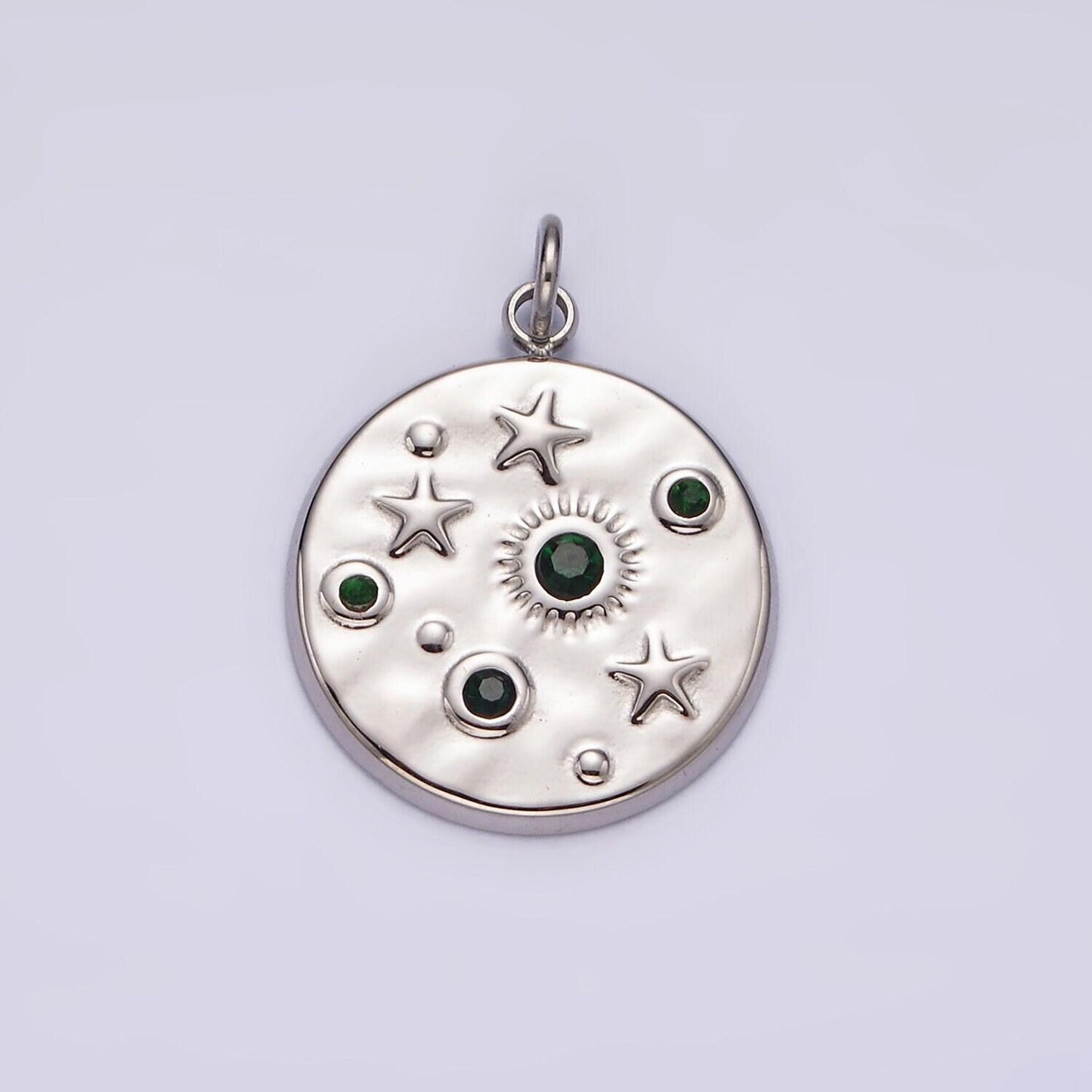 Stainless steel clear, green cz celestial sun star hammered round charm in gold & silver | p675