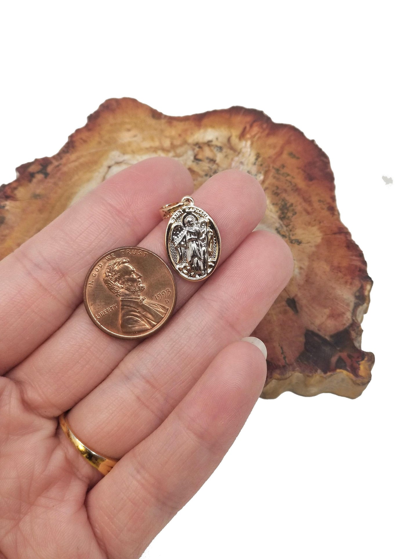 Dainty 18k gold filed double sided charm saint raphael the archangel medal san raffaele pendant rosary parts i-078