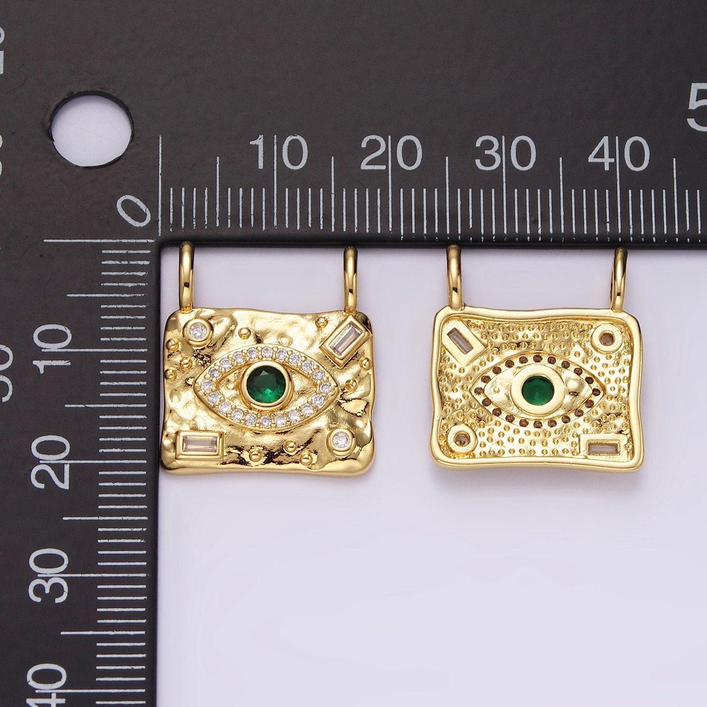 14k gold filled green cz evil eye micro paved baguette hammered rectangular connector | g180
