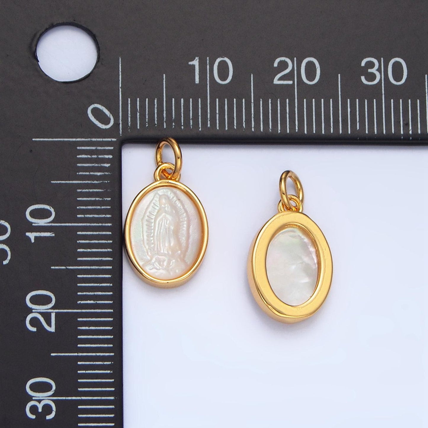 Mini oval holy mary guadalupe shell pearl, 24k gold filled charm | x-604