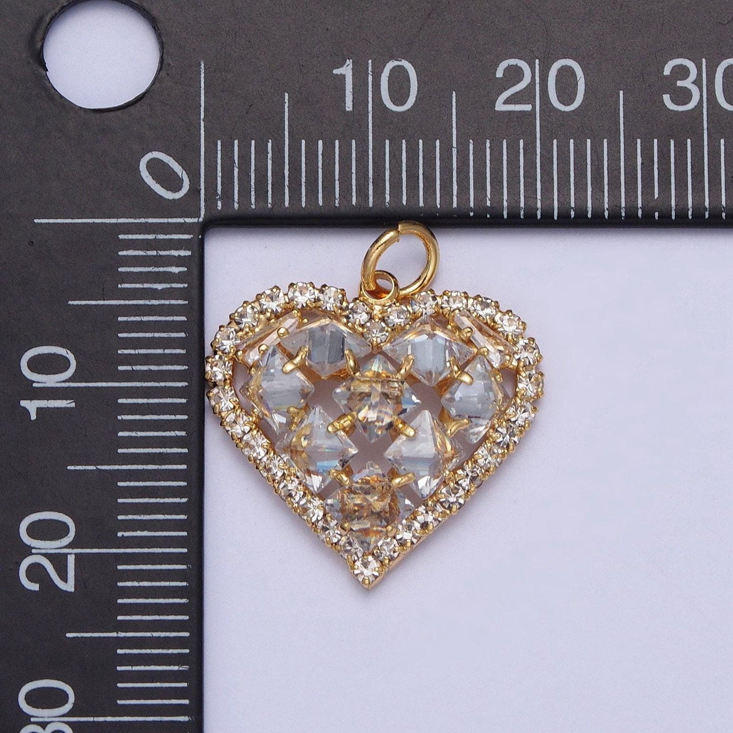 24k gold filled dainty gold heart w. clear baguette cz charm, love pendant micro pave cubic zirconia cz stone diamond edges | x-194