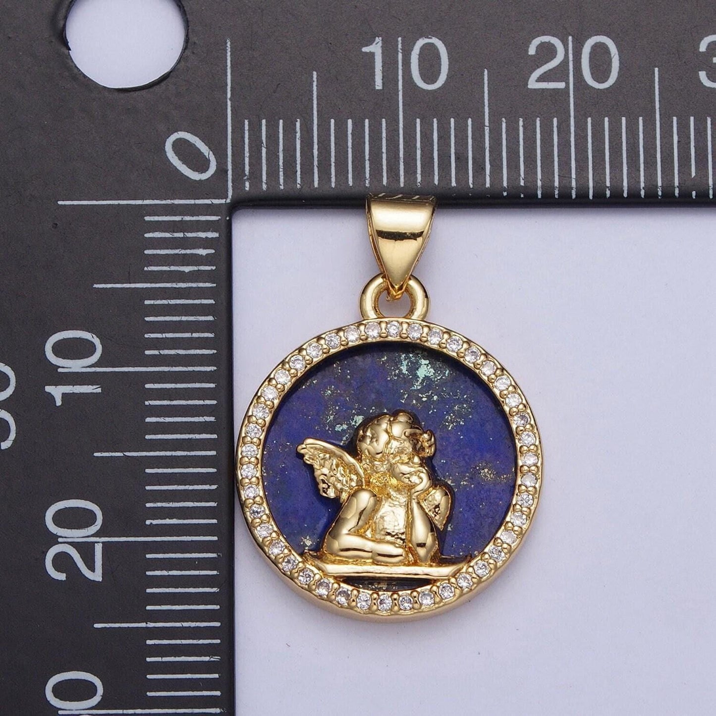 Gold blue lapiz winged angel coin medallion pendant, 24k gold filled round micro pave cz child angel charm for jewelry making | x-427